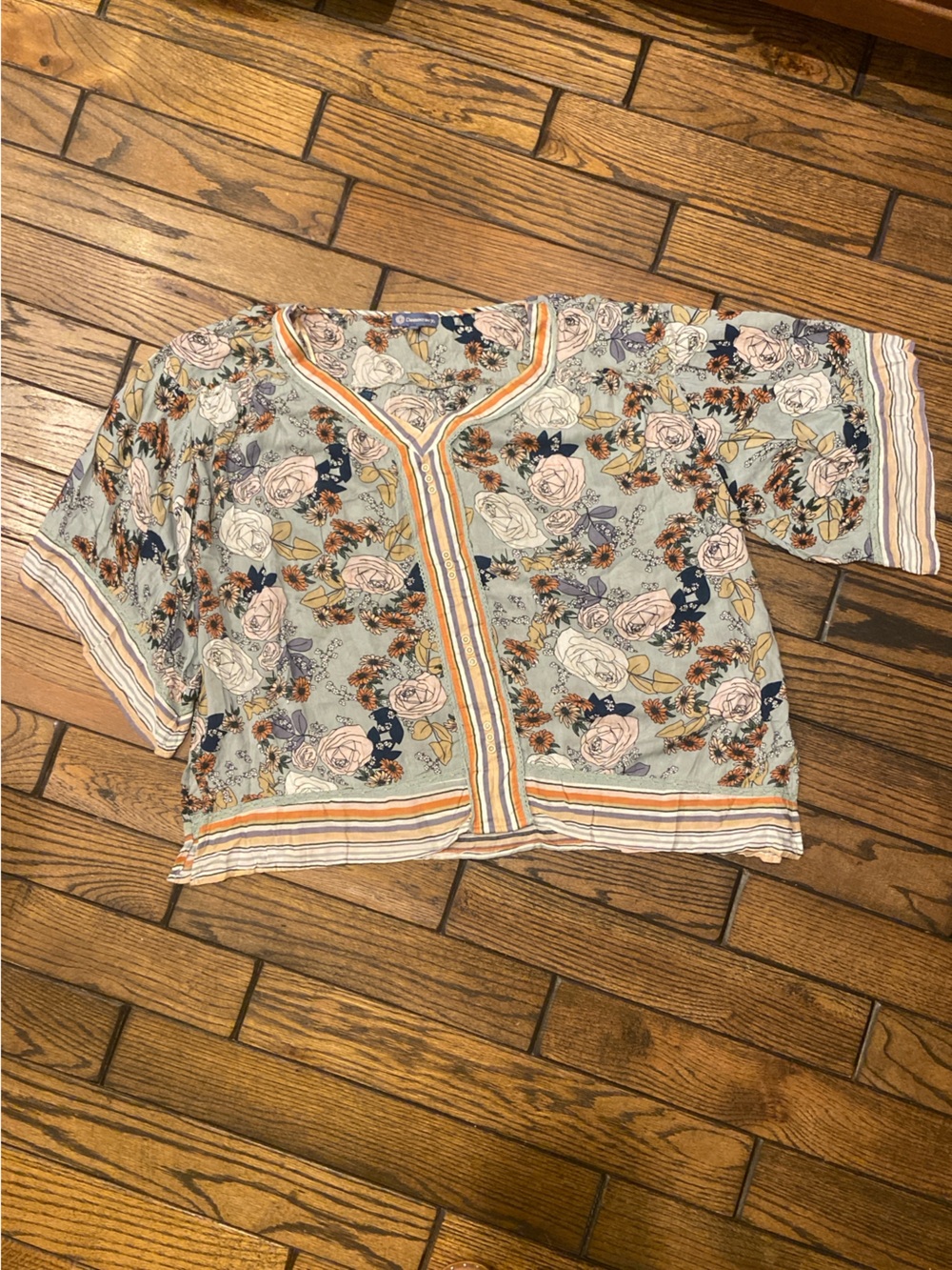 Democracy Light Blue Floral Blouse with Striped Trim